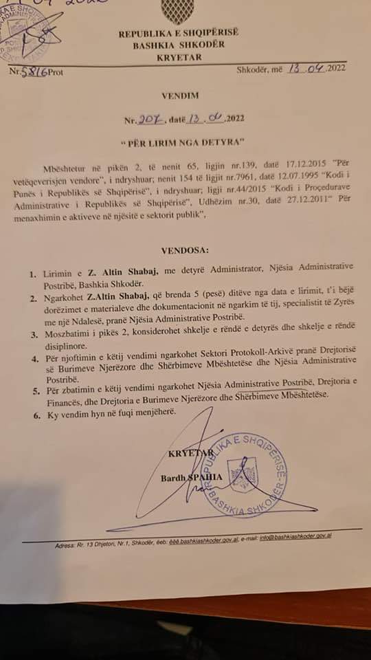 Një muaj pasi mori detyrën, Bardh Spahia nis ‘spastrimet’ në bashkinë e Shkodrës, shkarkohen 2 administratorë (EMRAT)