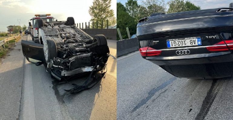FOTO/ Tjetër aksident, “Audi A8L” përmbyset në autostradën Tiranë-Durrës