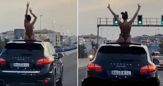 Policia në ndjekje të turistes ‘imorale’ që kërcen e zhveshur nga çatia e hapur e ‘fuoristradës’ në Marbella