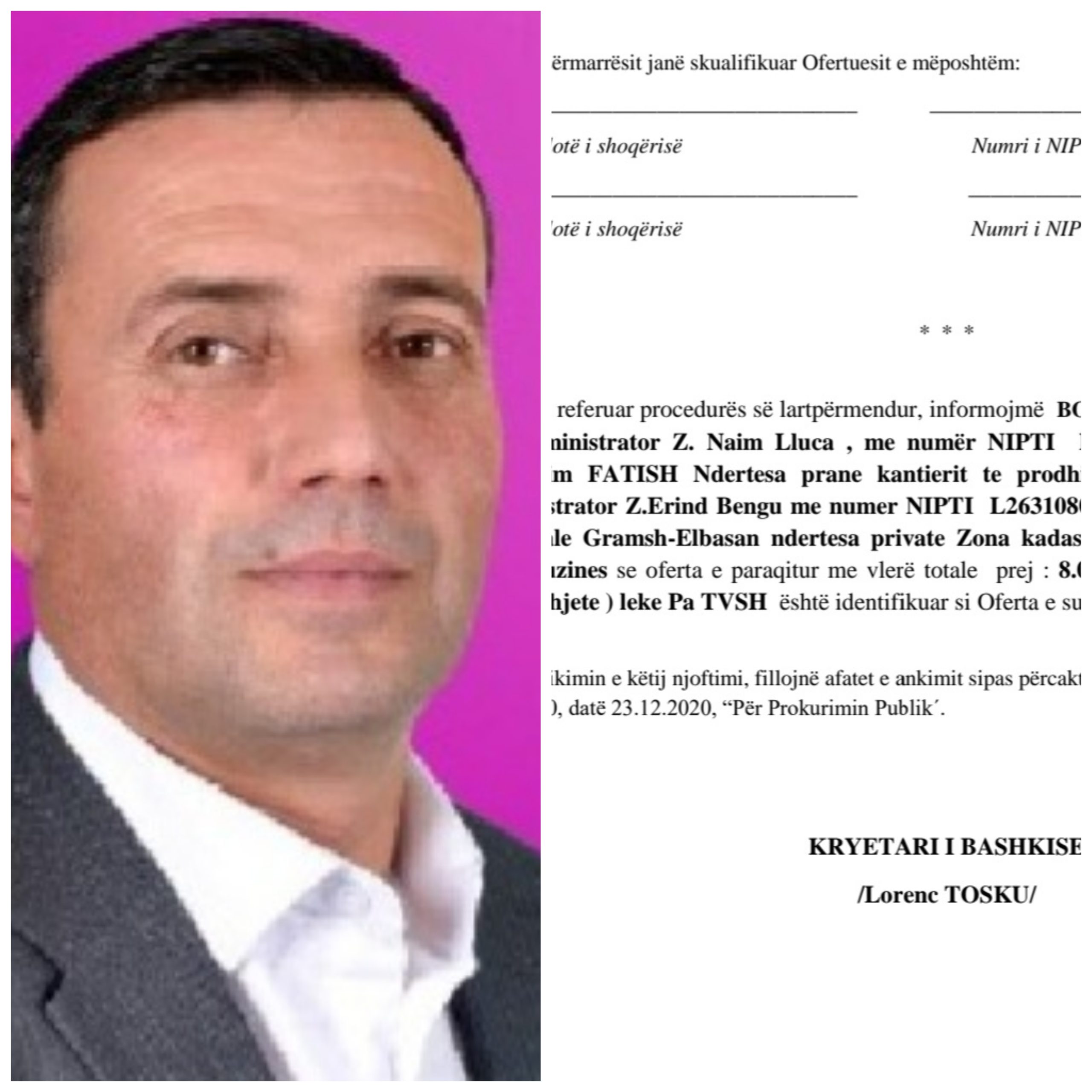 Kryebashkiaku i Peqinit Lorenc Tosku i jep tendera babait të shefit të financës Naim Llucës, shoqëri me vrasës dhe bosë droge