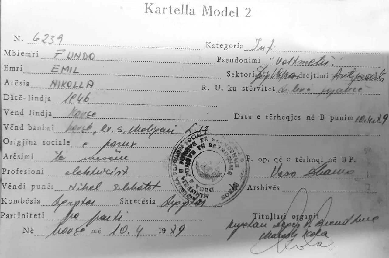 Dokumenti / Babai i Elvi Fundos spiun i Sigurimit të Shtetit me pseudonimin ‘Voltmetri’