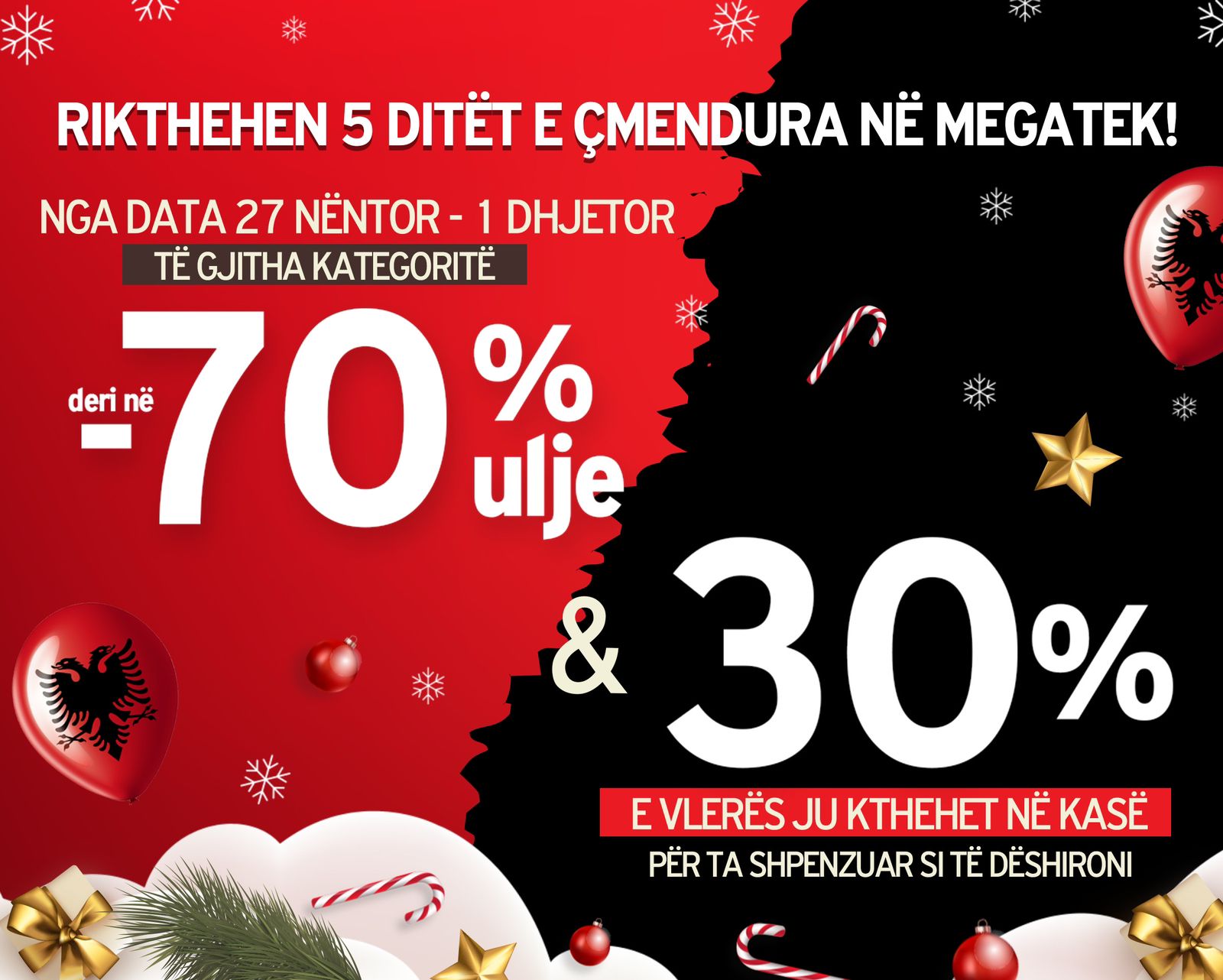 Megatek rikthen 5 ditët e çmendura. Deri 70% ulje në të gjitha produktet dhe ju rikthen 30% të vlerës së faturës për blerje falas