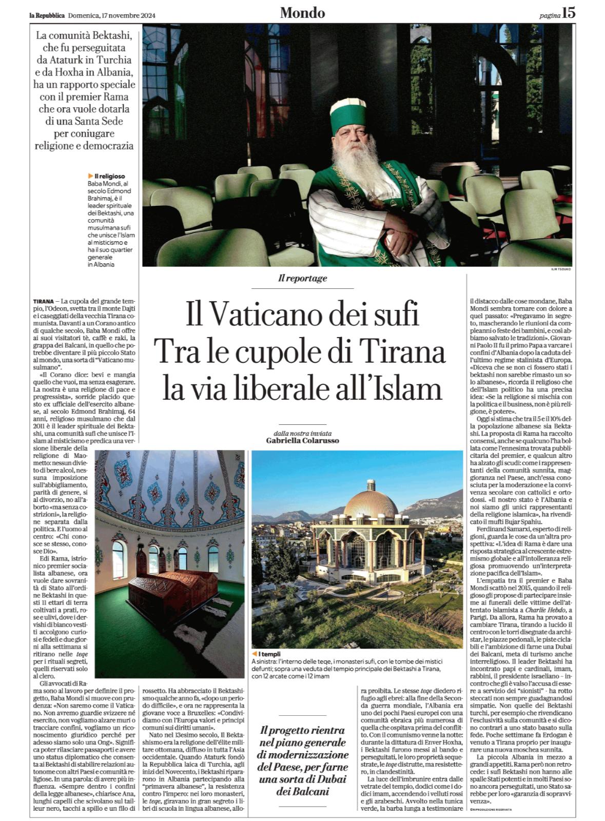 “Shteti Bektashi”/ Baba Mondi për “La Repubblica”: Nuk do të jemi si Vatikani! Duam njohje ligjore