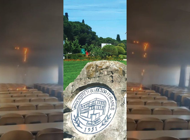 Zjarr në Universitetin Bujqësor të Tiranës, flakët shpërthejnë nga tavani i auditorit!