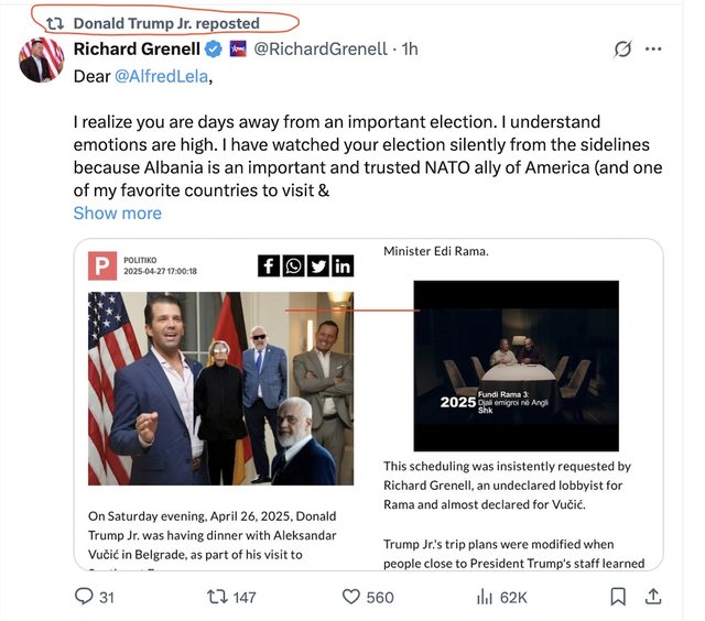 Donald Trump Jr. përgënjeshtron PD për shpikjen e “anullimit” të takimit me Ramën 