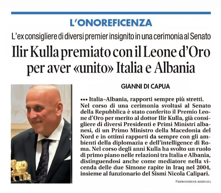 Ilir Kulla nderohet me “Leone d’Oro” për kontributin në forcimin e marrëdhënieve Shqipëri–Itali