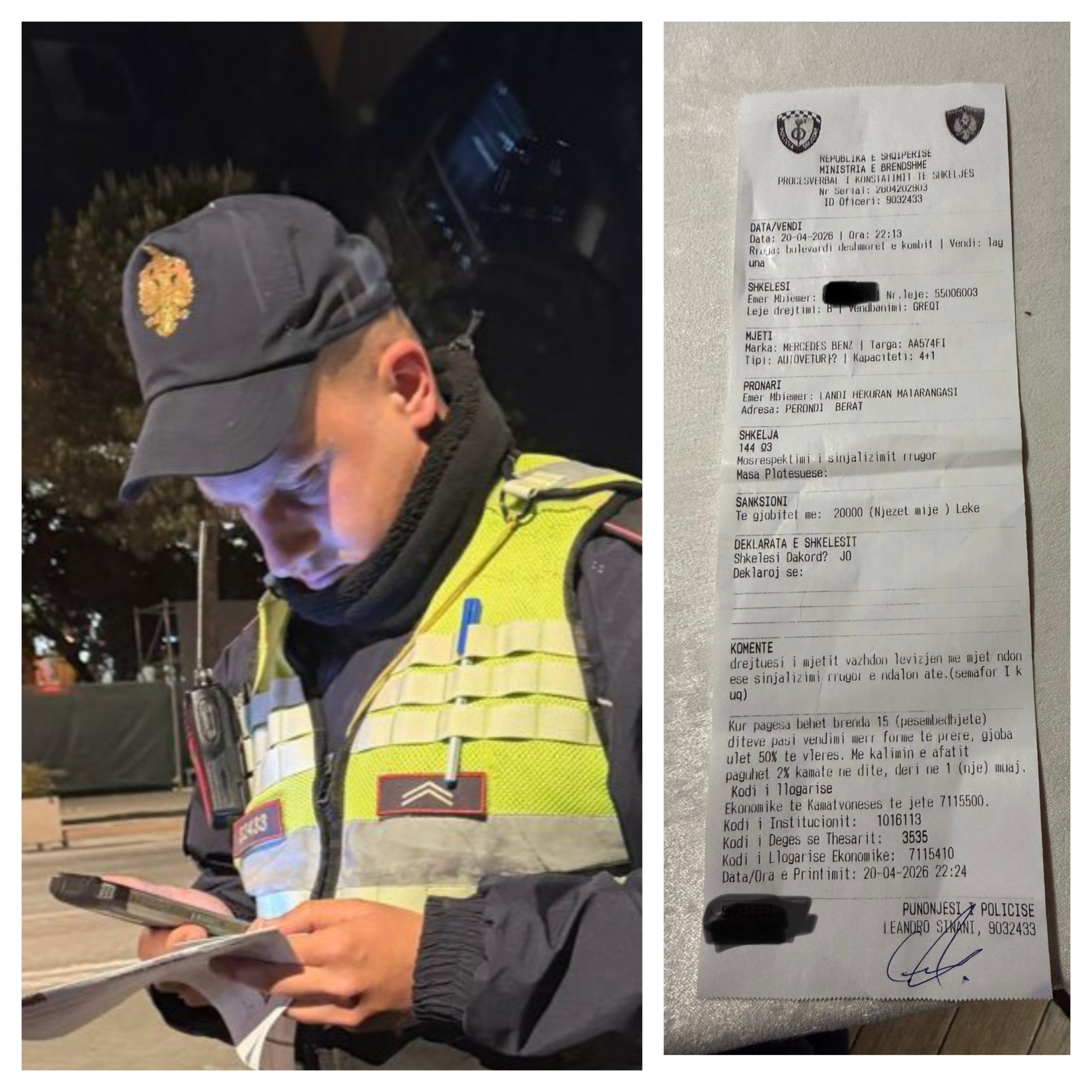 Polici i Rrugores Leandro Sinani gjobit nga Tirana makinën në Berat, mbush bllokun dhe nuk njeh urdhrin e drejtorit të Përgjithshëm të Policisë