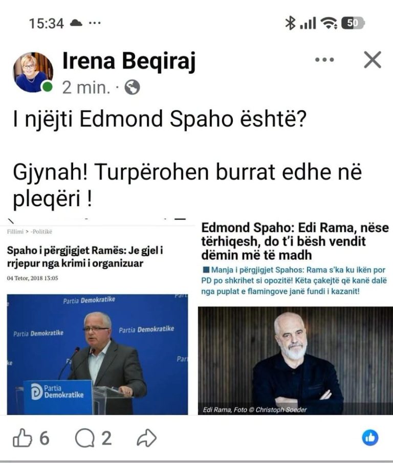 Po unë cilën të besoj, Irenën zëvendësministre të doganave, që kur vinte në Komision bënte be për kokën e Edi Ramës, apo këtë që lëviz nga karrikja në karrike? Edmond Spaho i përvishet ish-zëvendësministres së Ramës