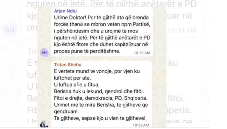 SMS-të në WhatsApp e grupit të PD për “heqjen” e non grata-s së Berishës, Arjan Ndoji thumbon Bardhin e Gjekmarkajn: I urojmë të mos nguten në jetë