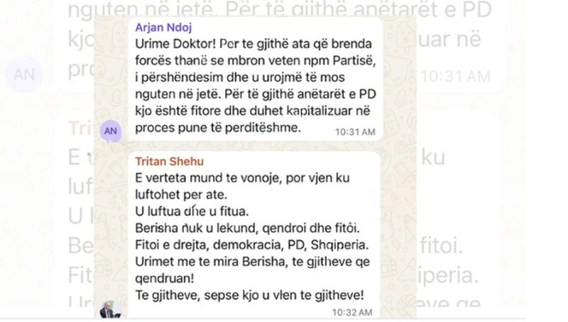 SMS-të në WhatsApp e grupit të PD për “heqjen” e non grata-s së Berishës, Arjan Ndoji thumbon Bardhin e Gjekmarkajn: I urojmë të mos nguten në jetë