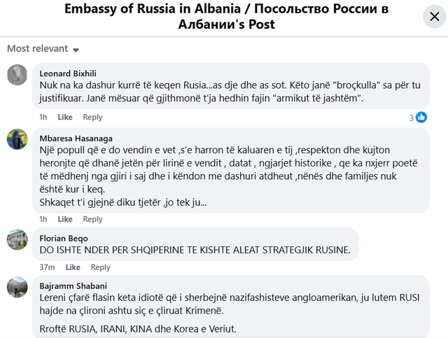 “Hajde na çlironi siç bëtë me Krimenë”: Çfarë thonë komentet në faqen e ambasadës ruse kundër qeverisë shqiptare